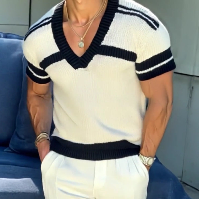 Maglione T-shirt a maniche corte da uomo in maglia jacquard a righe con scollo a V slim fit