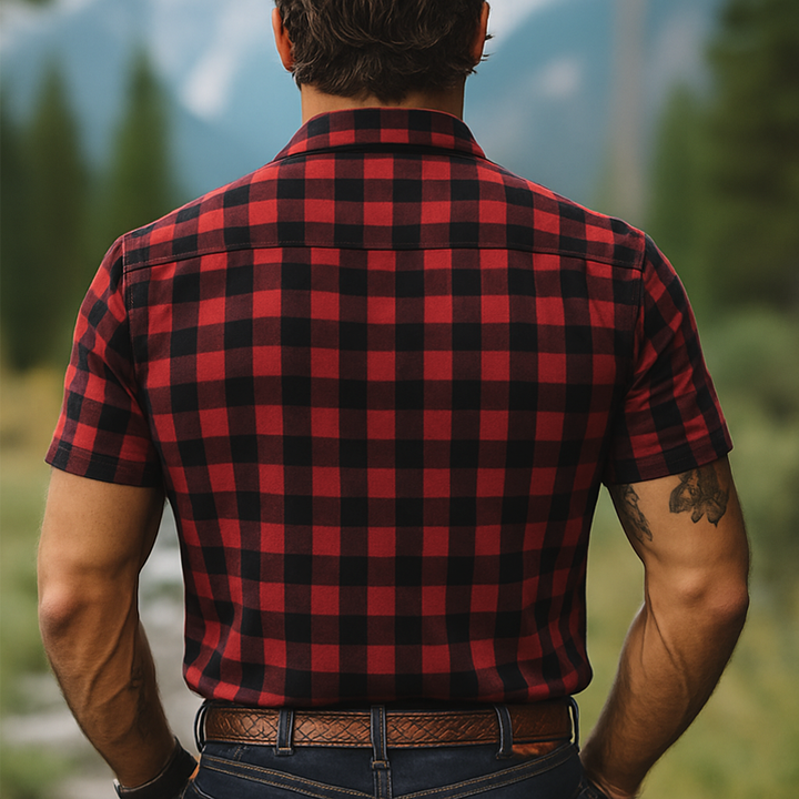 Camicia a Maniche Corte Estiva Retro a Quadri Rossa e Nera da Uomo