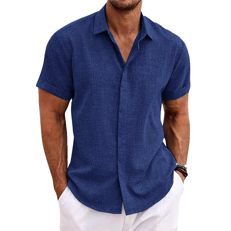 Camicia a maniche corte in cotone e lino con colletto a revers per uomo