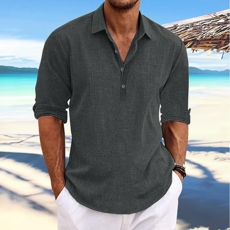 Maglietta a maniche lunghe in cotone e lino con colletto a revers e maniche arrotolabili per uomo