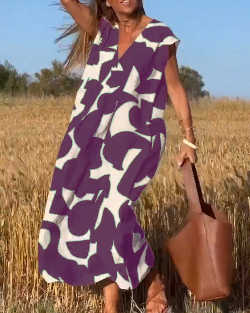 NAOMI™ | Abito Lungo Stampato con Scollo a V e Linea Svasata per un Look Estivo