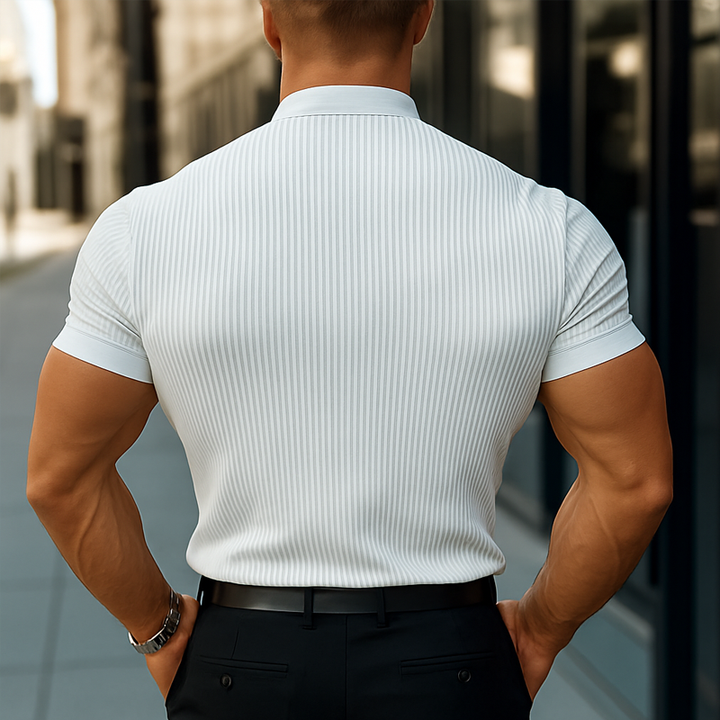 Camicia da Uomo a Righe con Collo Stand e Maniche Corte