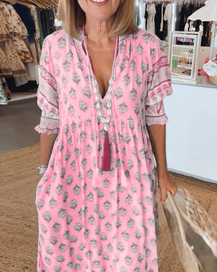GIULIA™ | Elegante Abito Midi Stampato con Scollo a V e Maniche a Palloncino