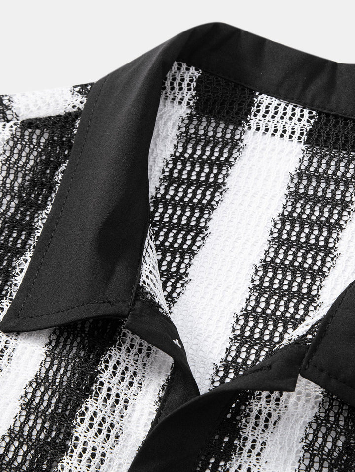 Camicia Button Up Texturizzata a Strisce Hollow Out