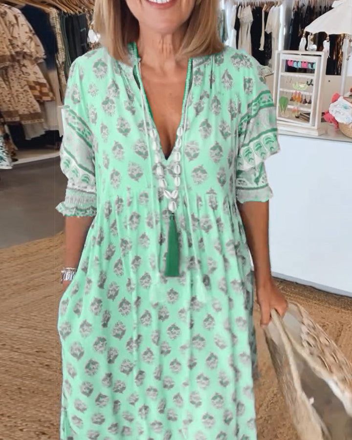 GIULIA™ | Elegante Abito Midi Stampato con Scollo a V e Maniche a Palloncino