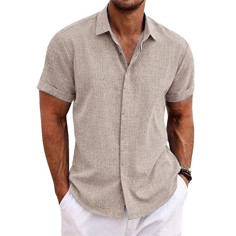 Camicia a maniche corte in cotone e lino con colletto a revers per uomo