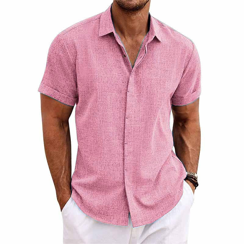 Camicia a maniche corte in cotone e lino con colletto a revers per uomo