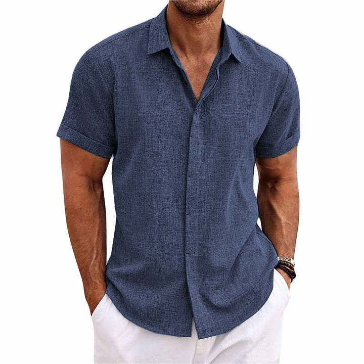 Camicia a maniche corte in cotone e lino con colletto a revers per uomo