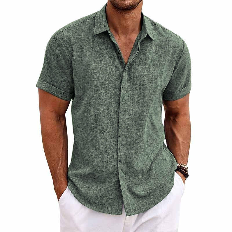 Camicia a maniche corte in cotone e lino con colletto a revers per uomo