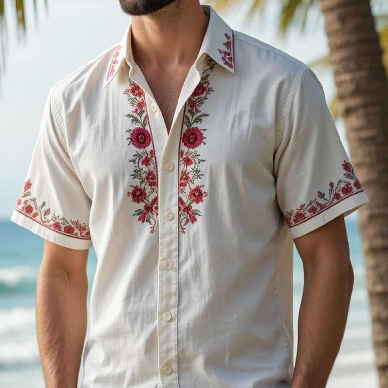 Camicia Casual a Maniche Corte con Stampa Floreale da Uomo