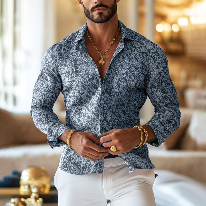 Camicia da Uomo Vintage con Stampa e Colletto a Revers a Maniche Lunghe