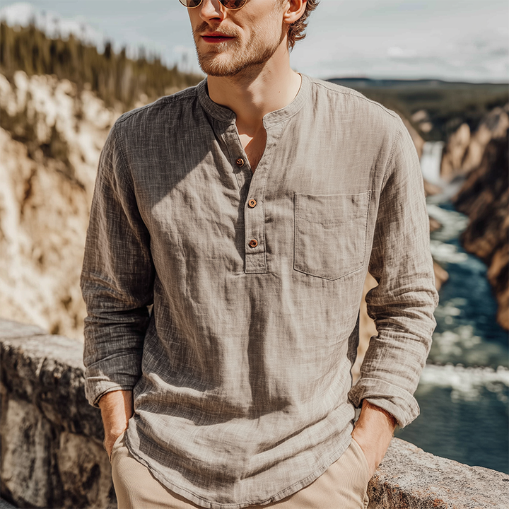 Maglietta a Maniche Lunghe Casual Classica da Uomo in Cotone e Lino con Collo Henley per Primavera e Estate