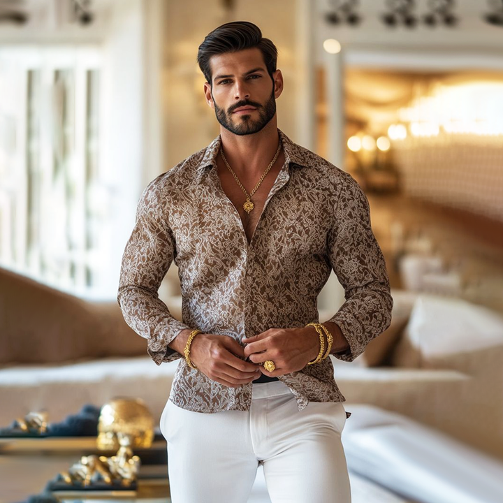 Camicia da Uomo Vintage con Stampa e Colletto a Revers a Maniche Lunghe