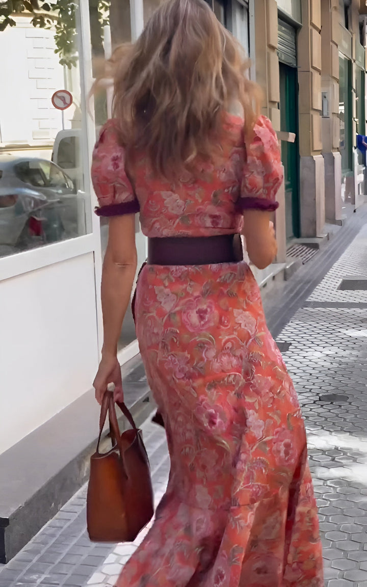 Isabella™ | Elegante Vestito Maxi Rosa con Maniche Corte