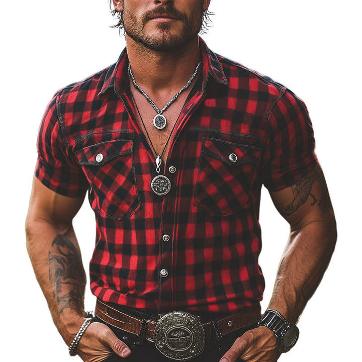 Camicia a Maniche Corte Estiva Retro a Quadri Rossa e Nera da Uomo