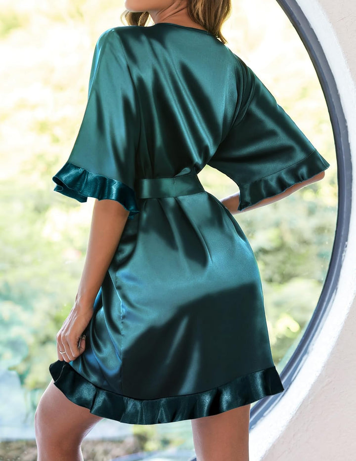 Evelyn™ | Accappatoio Kimono Corto da Donna in Raso con Volant in Seta e Maniche a Metà Braccio