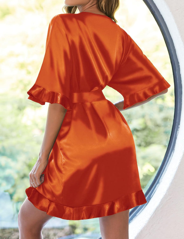 Evelyn™ | Accappatoio Kimono Corto da Donna in Raso con Volant in Seta e Maniche a Metà Braccio