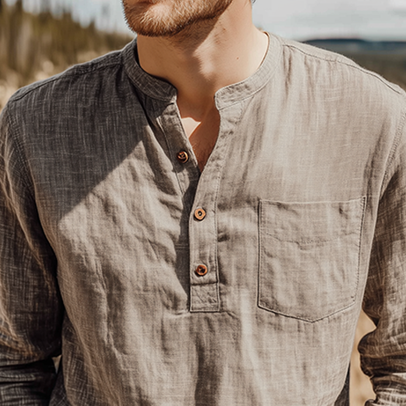 Maglietta a Maniche Lunghe Casual Classica da Uomo in Cotone e Lino con Collo Henley per Primavera e Estate
