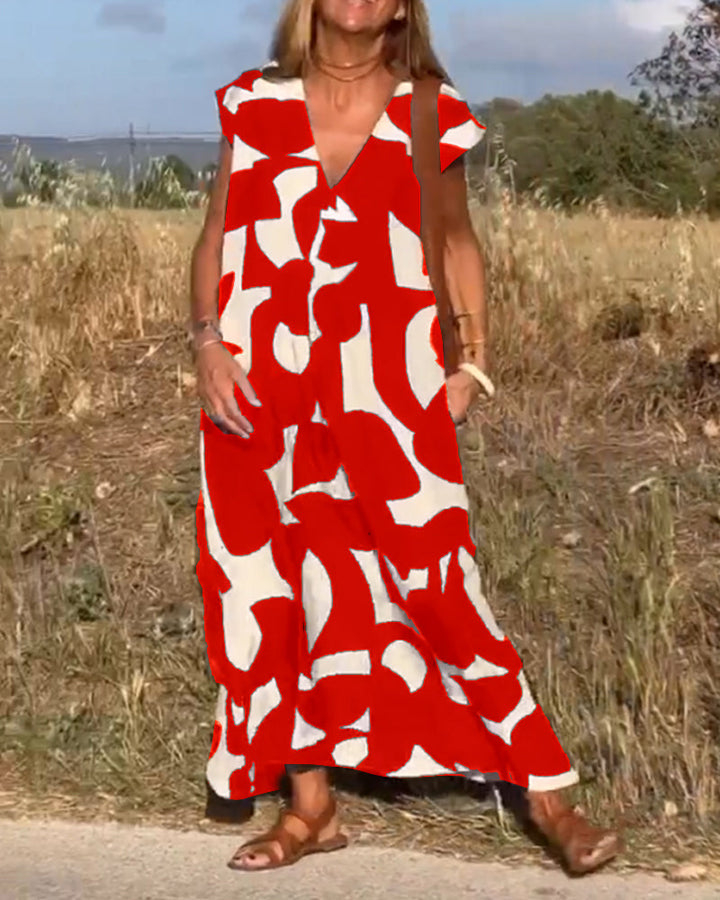 NAOMI™ | Abito Lungo Stampato con Scollo a V e Linea Svasata per un Look Estivo