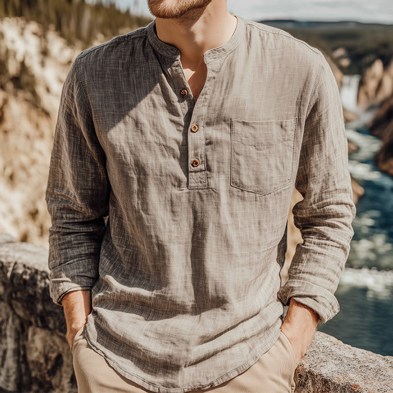 Maglietta a Maniche Lunghe Casual Classica da Uomo in Cotone e Lino con Collo Henley per Primavera e Estate