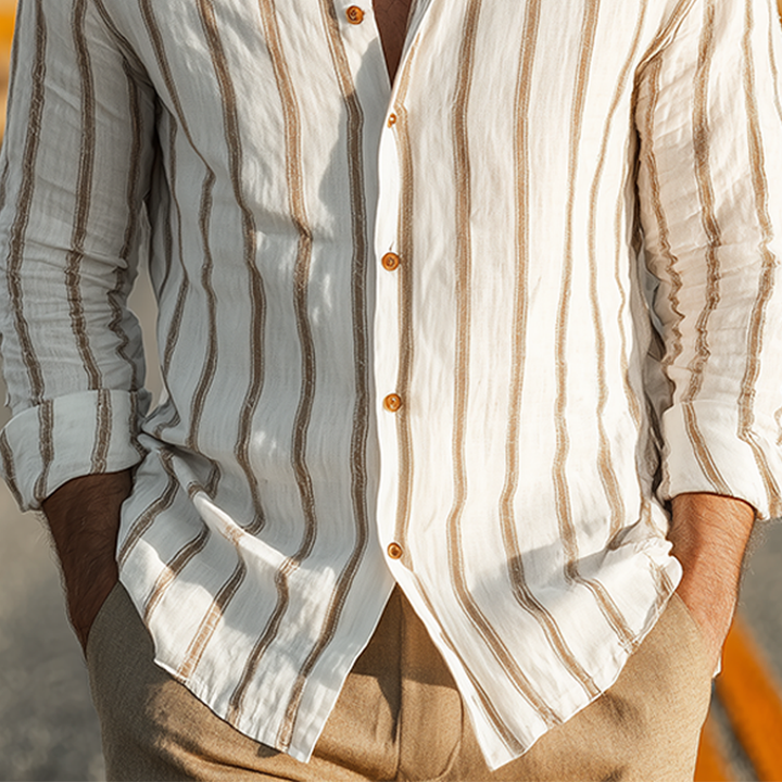 Camicia a Maniche Lunghe Verticale Striata Casual Classica da Uomo in Miscela di Tencel e Cotone con Collo Alto