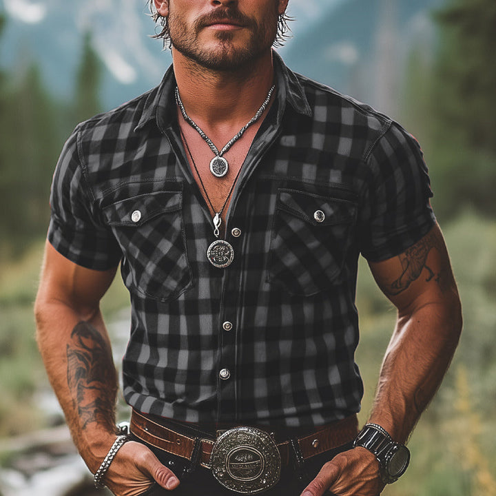 Camicia a Maniche Corte Estiva Retro a Quadri Rossa e Nera da Uomo