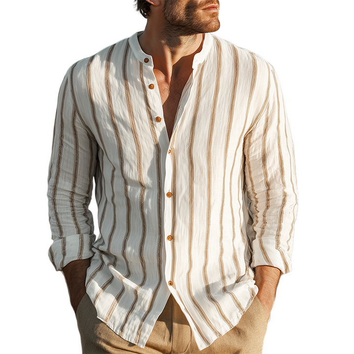 Camicia a Maniche Lunghe Verticale Striata Casual Classica da Uomo in Miscela di Tencel e Cotone con Collo Alto