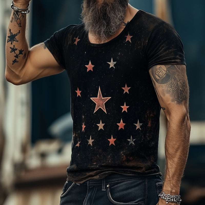 T-shirt da uomo in stile retro casual con stampa universo stellare, girocollo e maniche corte