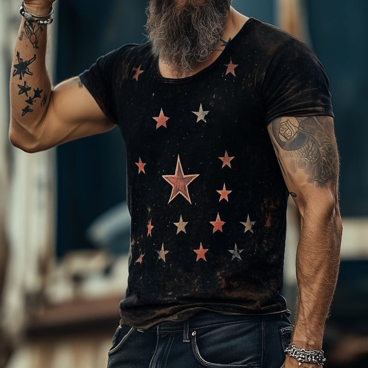 T-shirt da uomo in stile retro casual con stampa universo stellare, girocollo e maniche corte