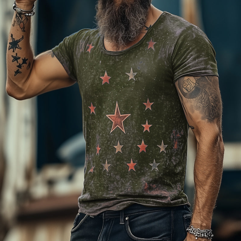 T-shirt da uomo in stile retro casual con stampa universo stellare, girocollo e maniche corte