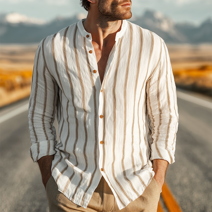 Camicia a Maniche Lunghe Verticale Striata Casual Classica da Uomo in Miscela di Tencel e Cotone con Collo Alto