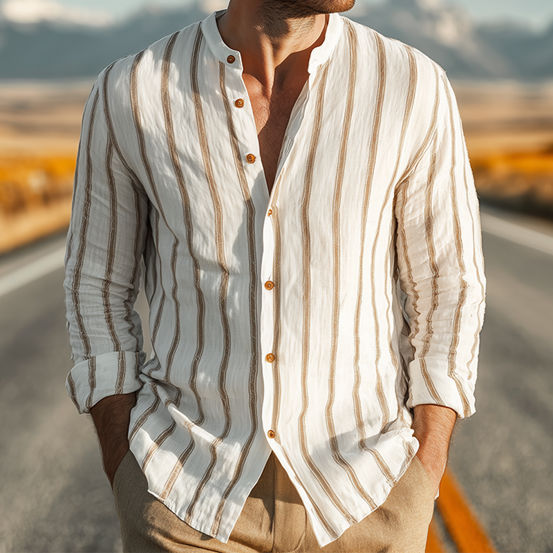 Camicia a Maniche Lunghe Verticale Striata Casual Classica da Uomo in Miscela di Tencel e Cotone con Collo Alto