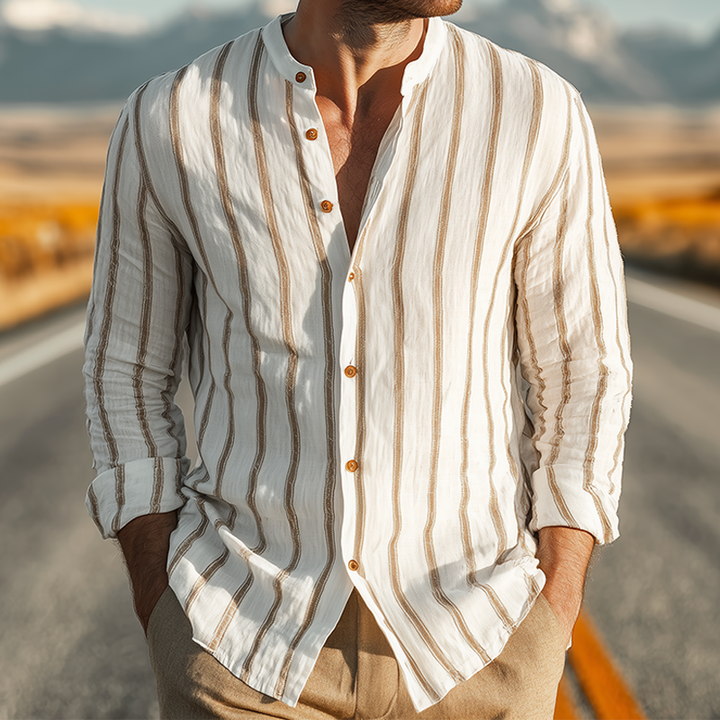 Camicia a Maniche Lunghe Verticale Striata Casual Classica da Uomo in Miscela di Tencel e Cotone con Collo Alto