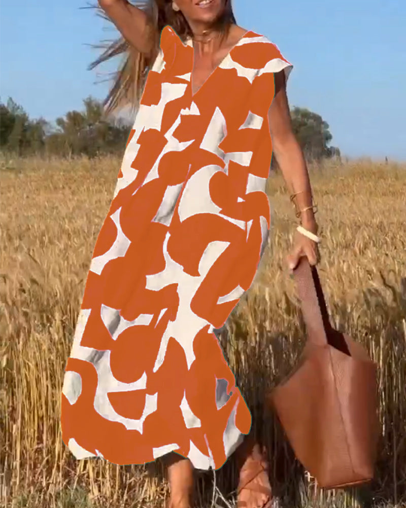 NAOMI™ | Abito Lungo Stampato con Scollo a V e Linea Svasata per un Look Estivo