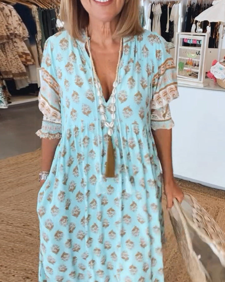 GIULIA™ | Elegante Abito Midi Stampato con Scollo a V e Maniche a Palloncino
