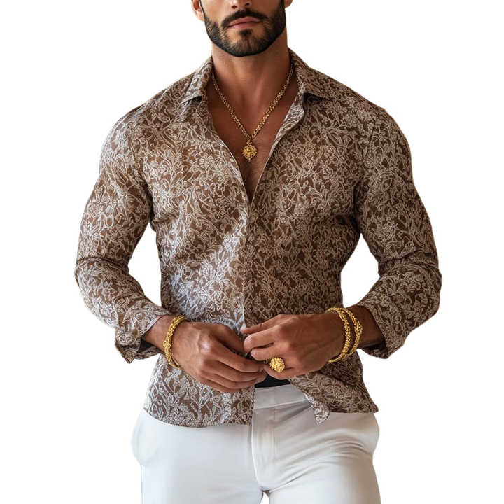 Camicia da Uomo Vintage con Stampa e Colletto a Revers a Maniche Lunghe