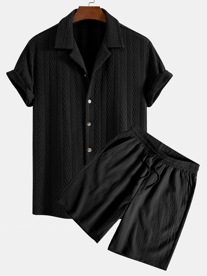 Camicia Cubana in Jacquard e Pantaloni Corti Texturizzati con Coulisse