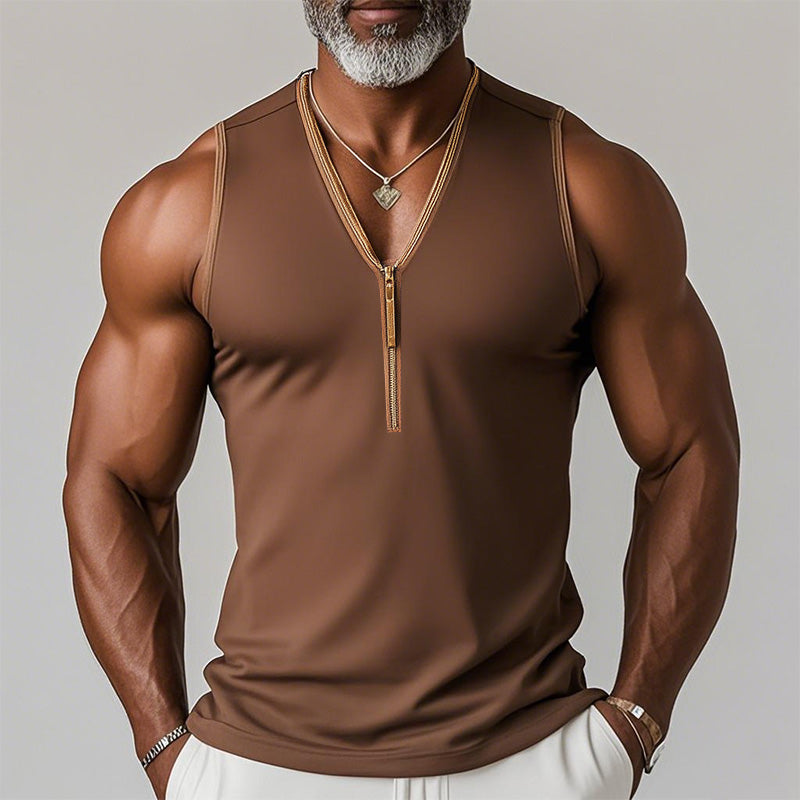 Canotta con Zip e Collo a V in Tessuto Sportivo Estivo da Uomo