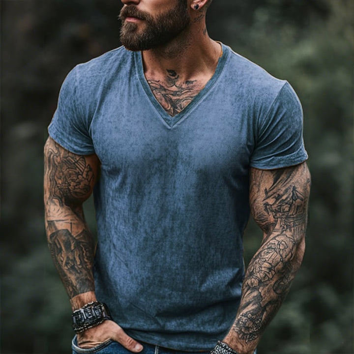 T-Shirt da Uomo Retro Casual Sbiadita con Stampa e Collo a V a Maniche Corte