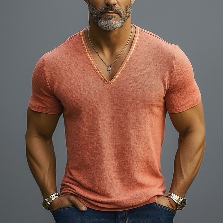 T-Shirt Estiva Leggera da Uomo in Lino Ricamato con Collo a V e Maniche Corte