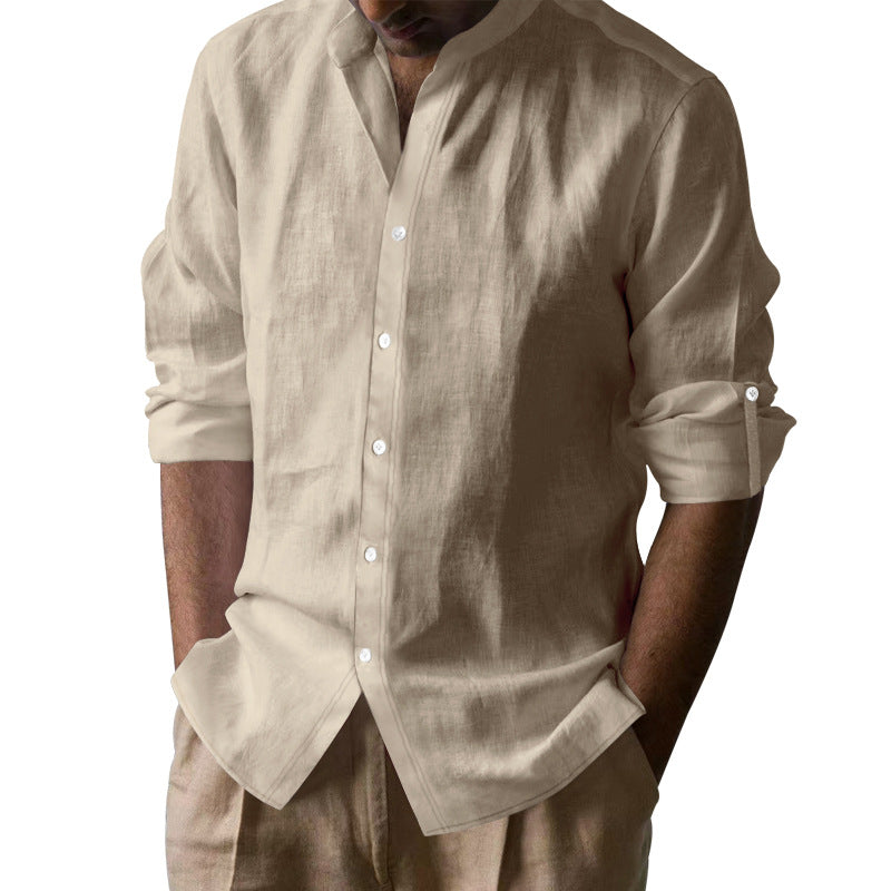 Camicia a maniche lunghe con colletto a banda in misto lino per uomo