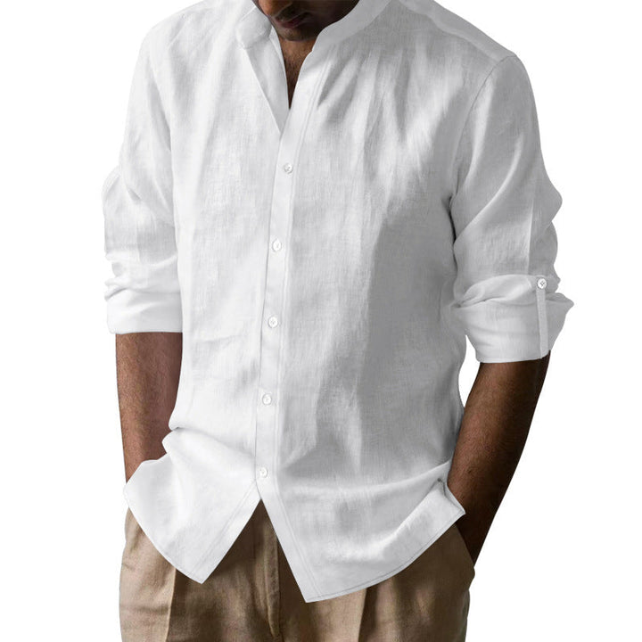 Camicia a maniche lunghe con colletto a banda in misto lino per uomo