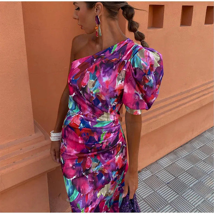 Yllana™ | Abito Midi Lilla con Spalla Unica e Maniche a Palloncino