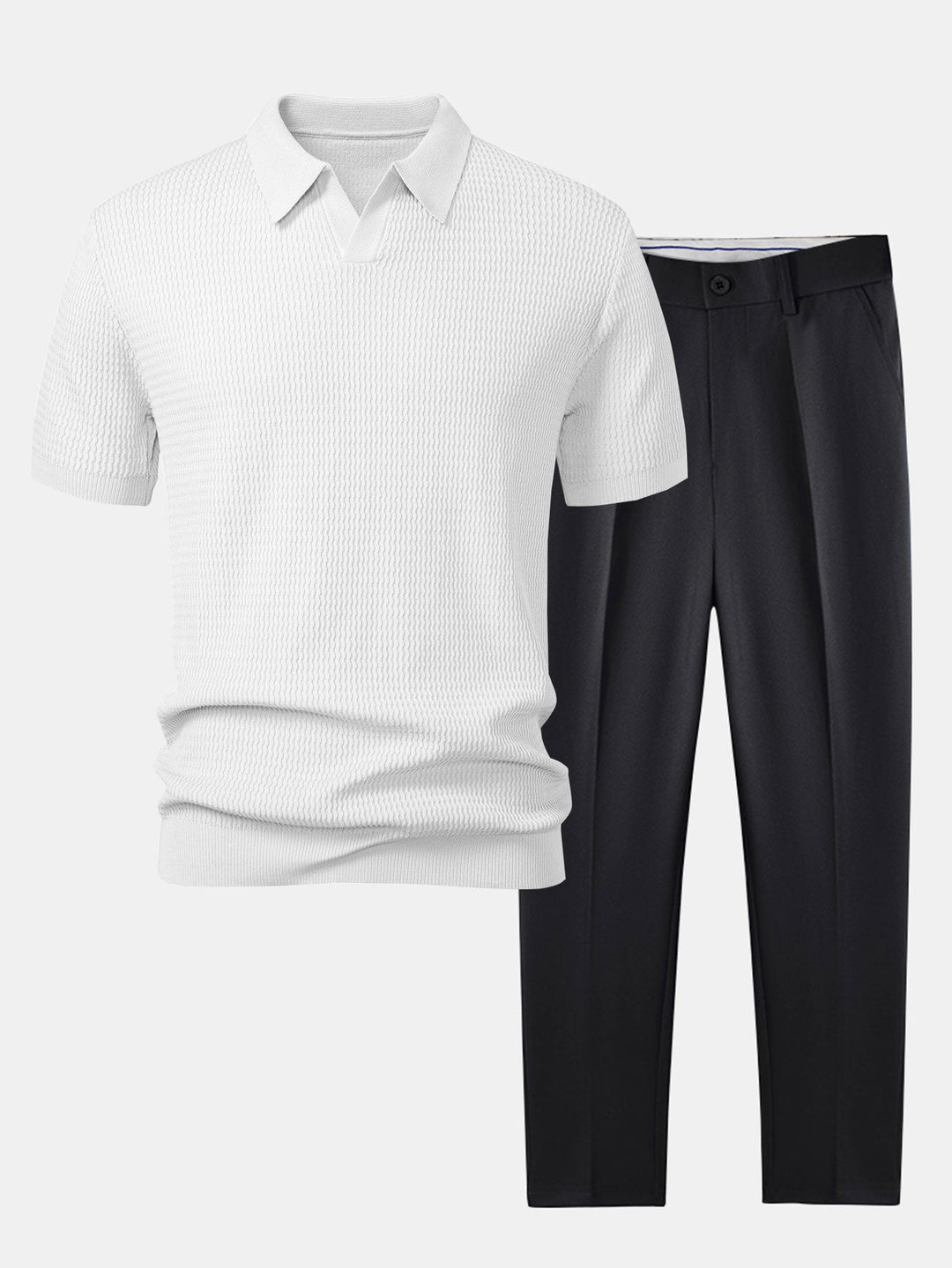 Polo Shirt V Neck in Maglia Jacquard a Onde & Pantaloni Slim Fit Svasati