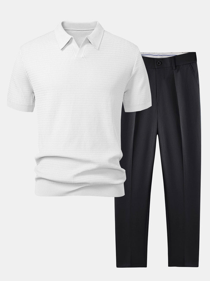 Polo Shirt V Neck in Maglia Jacquard a Onde & Pantaloni Slim Fit Svasati