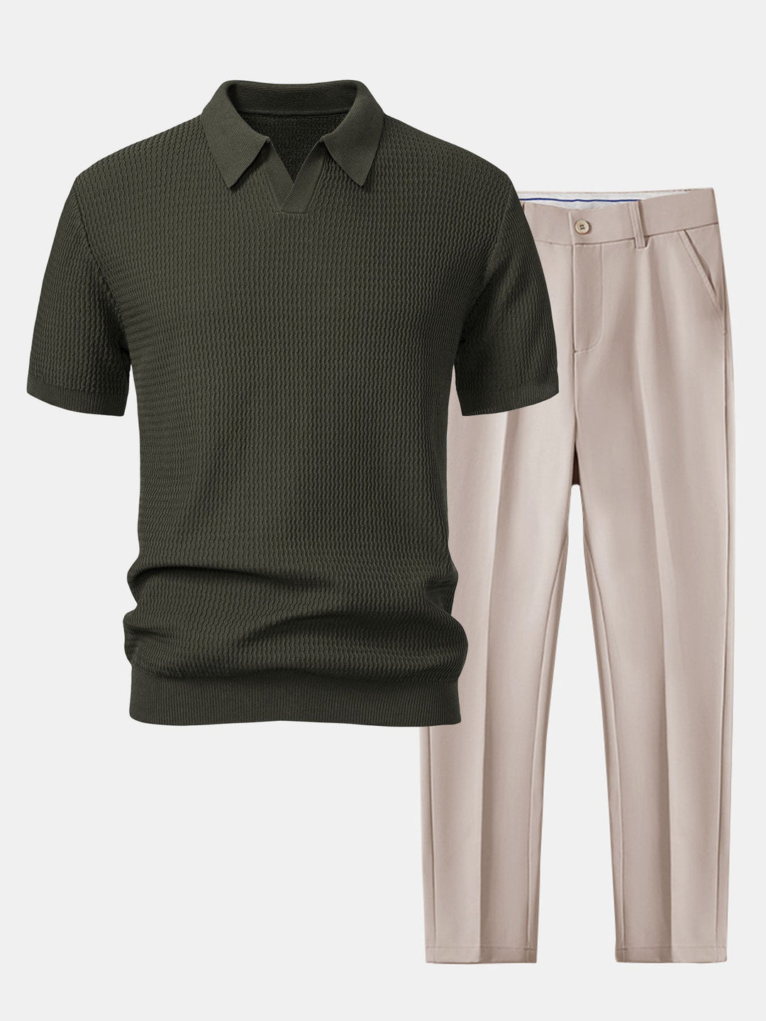 Polo Shirt V Neck in Maglia Jacquard a Onde & Pantaloni Slim Fit Svasati