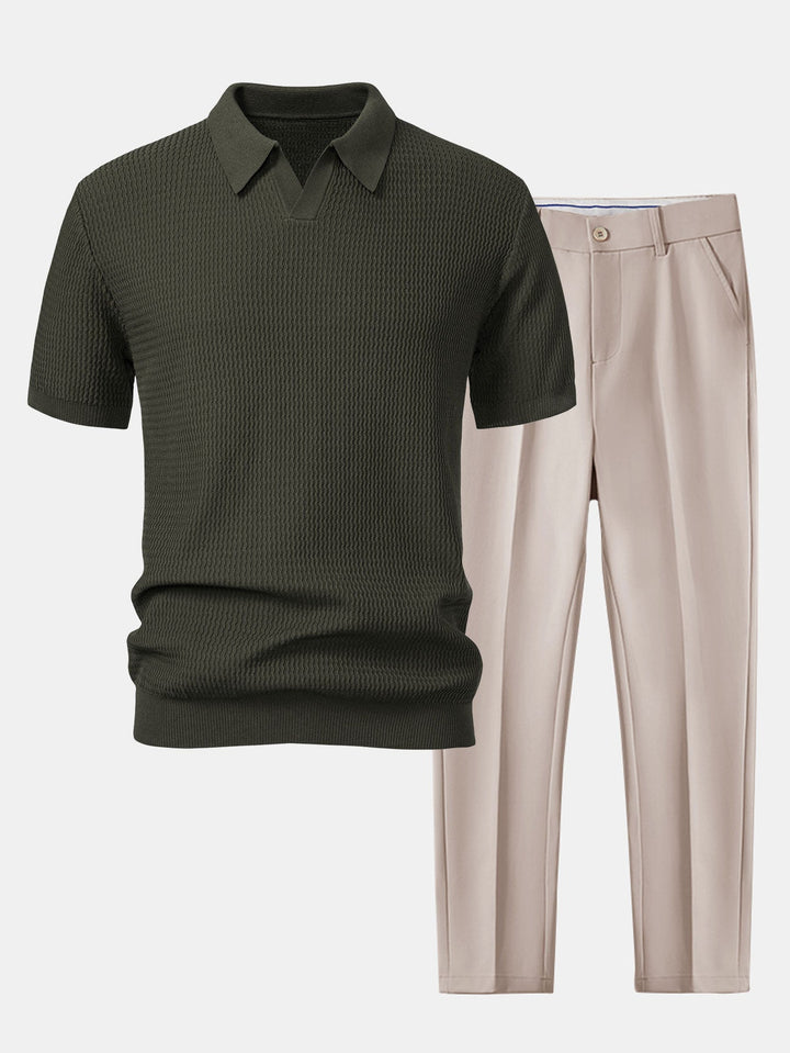 Polo Shirt V Neck in Maglia Jacquard a Onde & Pantaloni Slim Fit Svasati