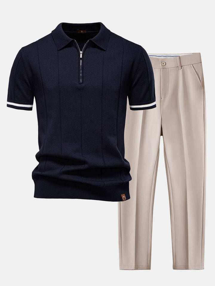 Polo Shirt a Maglia con Zip e Bordo a Contrasto & Pantaloni Slim Fit a Gamba Stretta