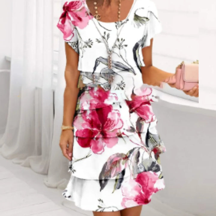 Abito Chiffon Stampato Floreale Chic Primavera Donna Elegante Collo A Giro Maniche Corte A-Line Abito da Festa