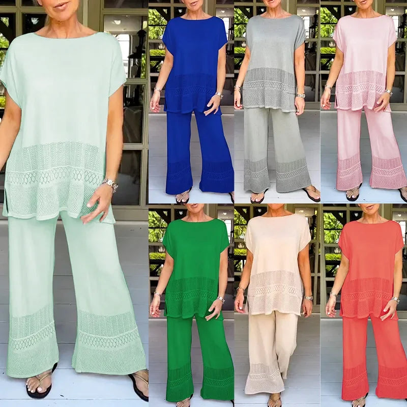 Set di pantaloni per donne, due pezzi, con scollatura a O, top Y2K, set coordinati, pantaloni larghi